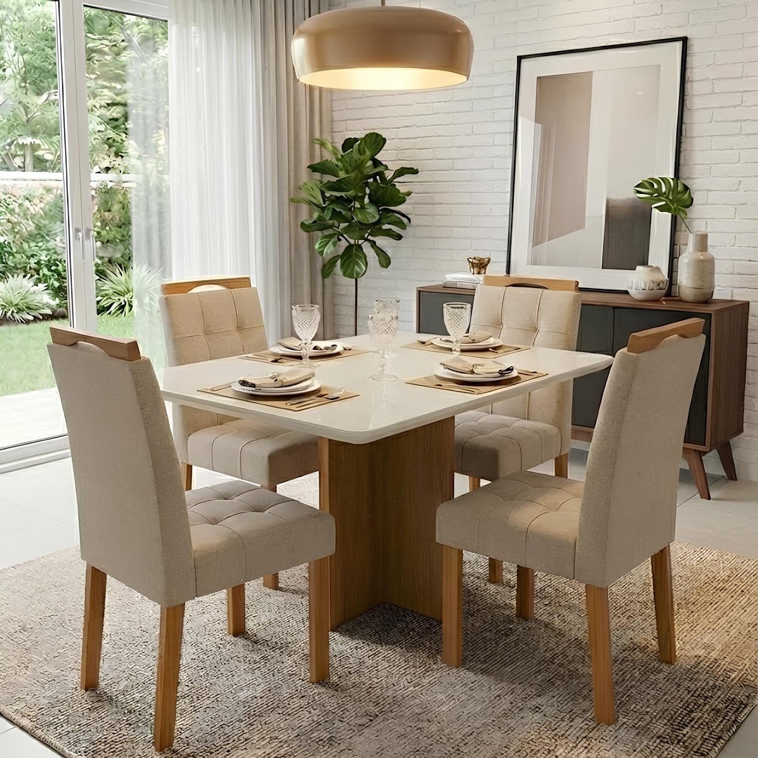 Mesa Salinas 120 Cinamomo/Off White com 4 Cadeiras Sophia Veludo Bege – CEL MÓVEIS + WM DECOR