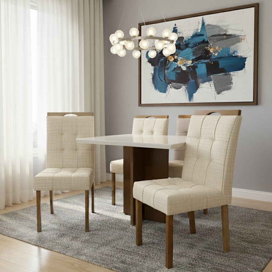Mesa Salinas 90 (Tampo Dakota c/ vidro) Cinamomo/Off White com 4 Cadeiras Sophia Linho Bege 200 – CEL MÓVEIS + WM DECOR - Imagem 3