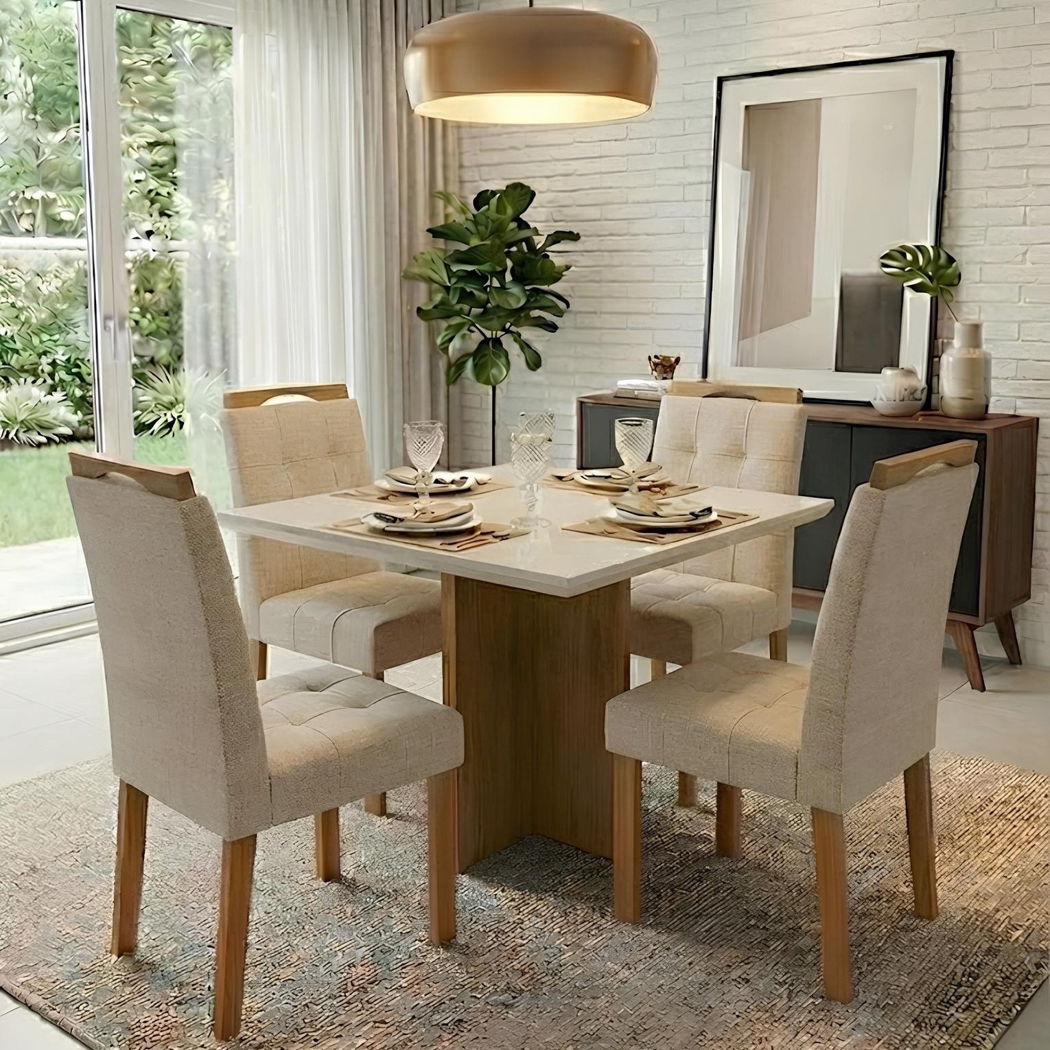 Mesa Salinas 90 (Tampo Dakota c/ vidro) Cinamomo/Off White com 4 Cadeiras Sophia Linho Bege 200 – CEL MÓVEIS + WM DECOR