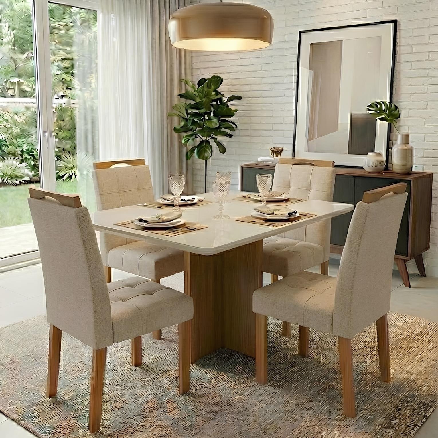 Mesa Salinas 120 Cinamomo/Off White com 4 Cadeiras Sophia Linho Bege 200 – CEL MÓVEIS + WM DECOR