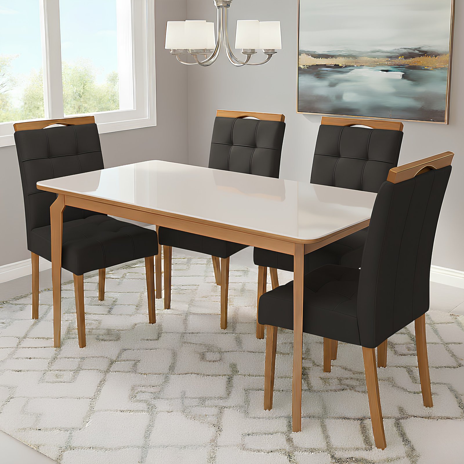 Mesa Alegra 120 Cinamomo/Off White com 4 Cadeiras Sophia Veludo Preto – JCM MOVELARIA + WM DECOR