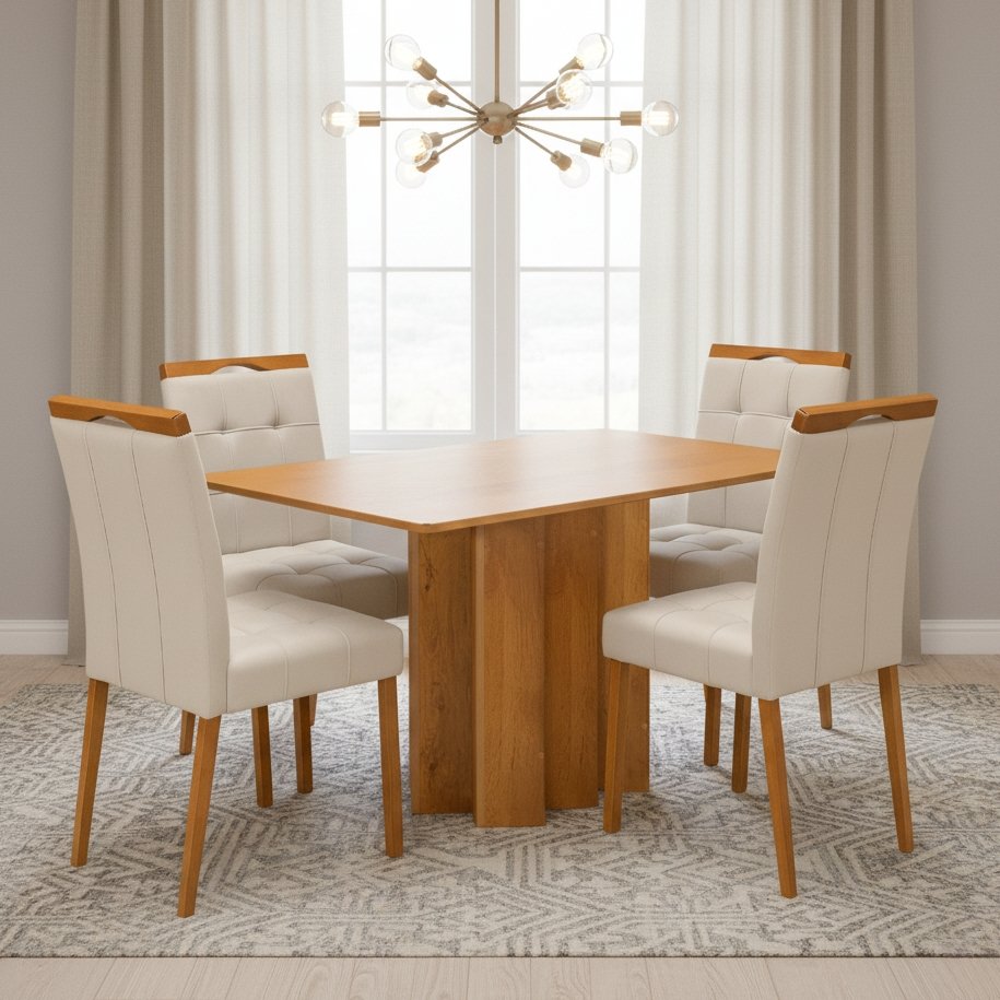 Mesa Recife 120 Cinamomo Laminado com 4 Cadeiras Sophia Veludo Bege – CEL MÓVEIS + WM DECOR