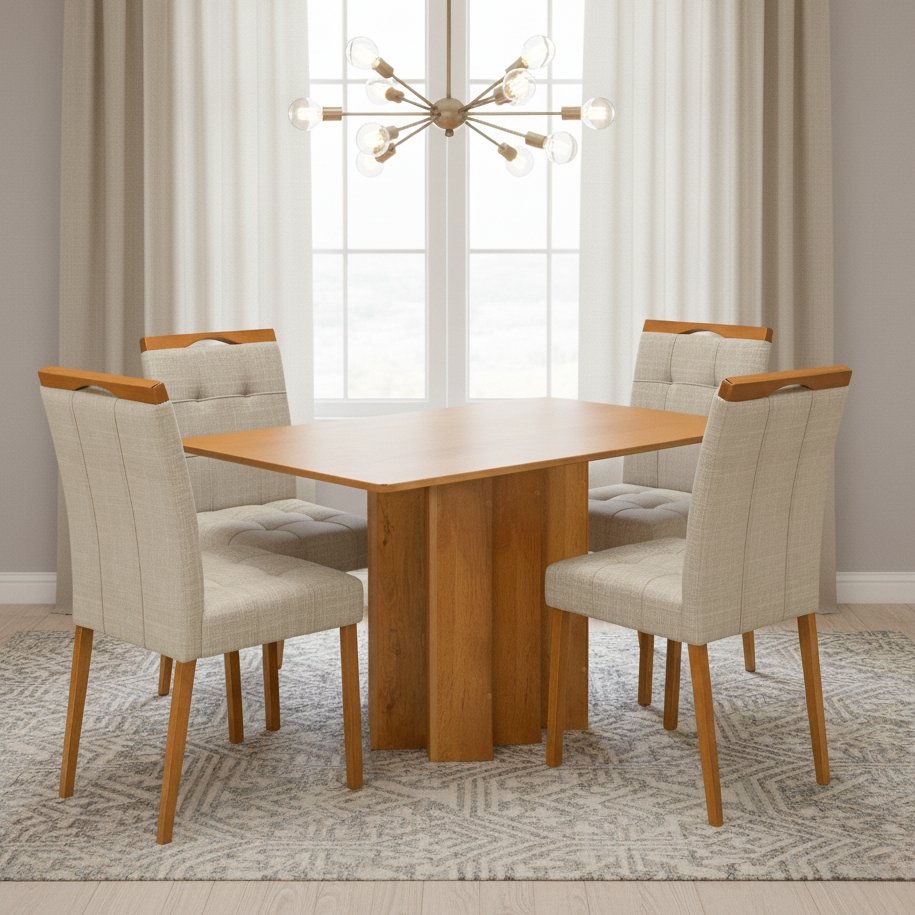 Mesa Recife 120 Cinamomo Laminado com 4 Cadeiras Sophia Linho Bege 200 – CEL MÓVEIS + WM DECOR