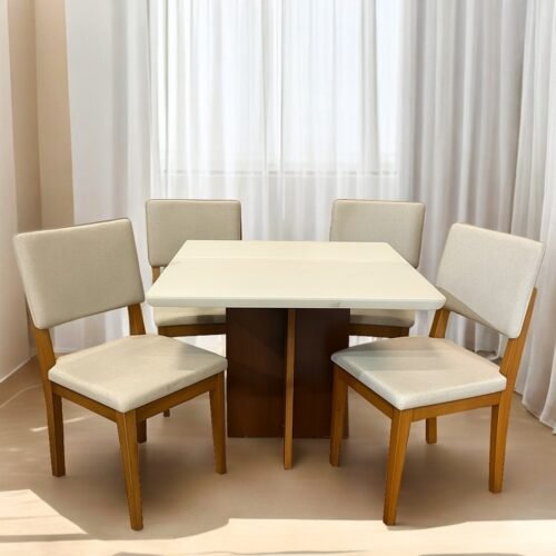 Mesa Salinas 120 Cinamomo/Off White com 4 Cadeiras Pérola Linho Bege – CEL MÓVEIS + DOBUÊ MOVELARIA