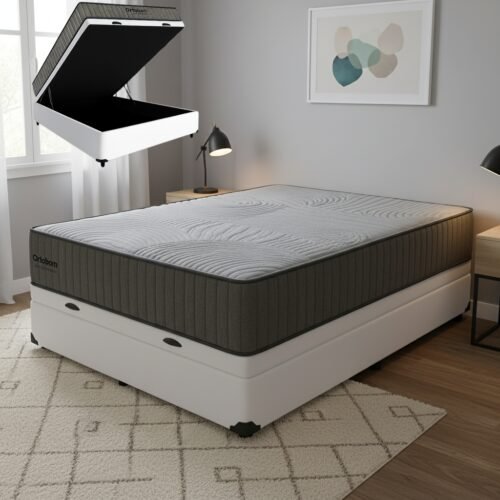 Colchão Casal Exclusive Foam HR 33 + Base Box Baú Corino Branco – ORTOBOM + BIOSTAR