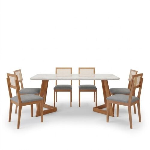 Alternative view of Mesa Caju 180 (C/Vidro) Madeira/Off White com 6 Cadeiras Palmas Linho Cinza Grafite – CIMOL
