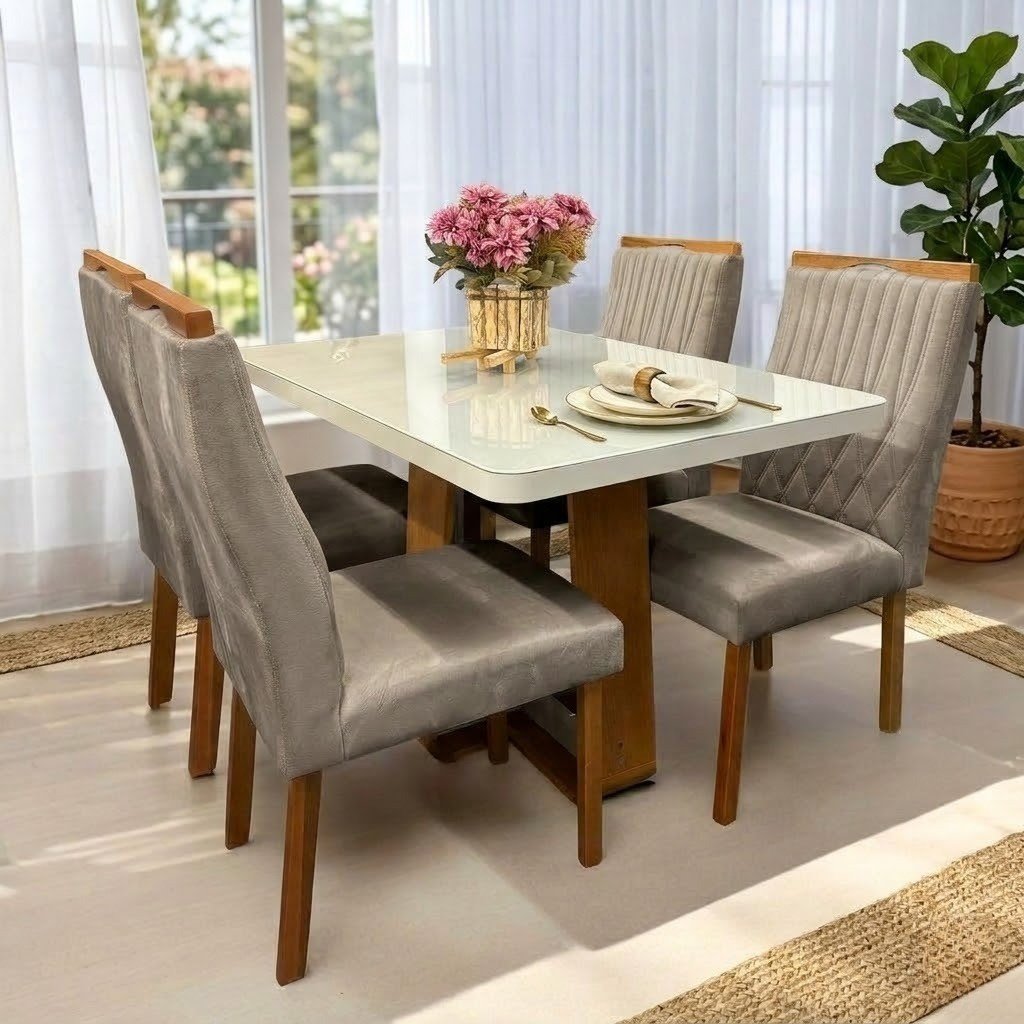 Mesa Sintonia (Tampo Maxi) 120 Amêndoa Clean/Off White com 4 Cadeiras Gênova Veludo Bege Capuccino – LOPAS + ART ASSENTOS