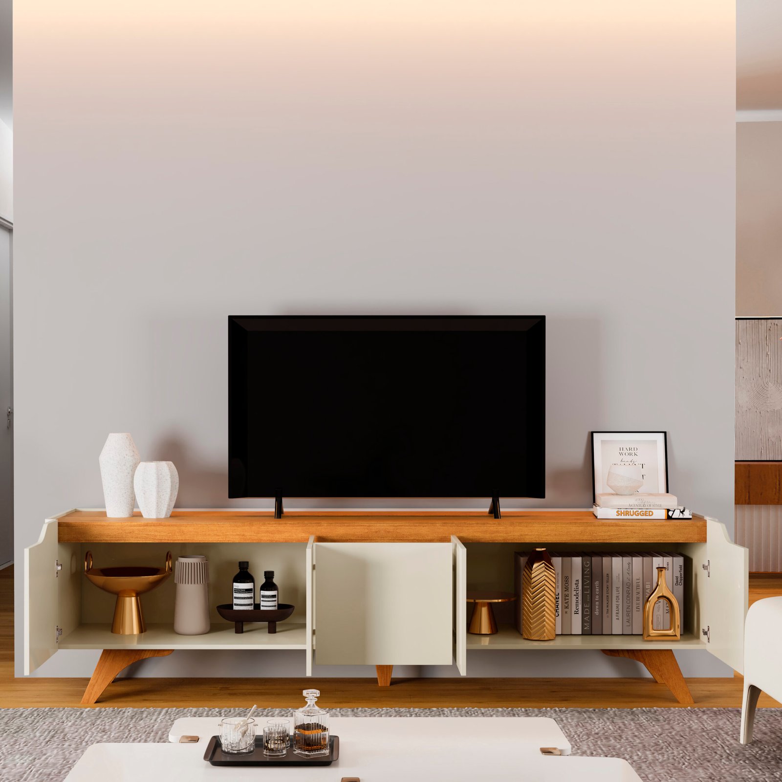 Painel Ripado até 75″ Versátilis 2,17 m Naturale + Rack Atenas Off White/Naturale – MAVAULAR - Imagem 3