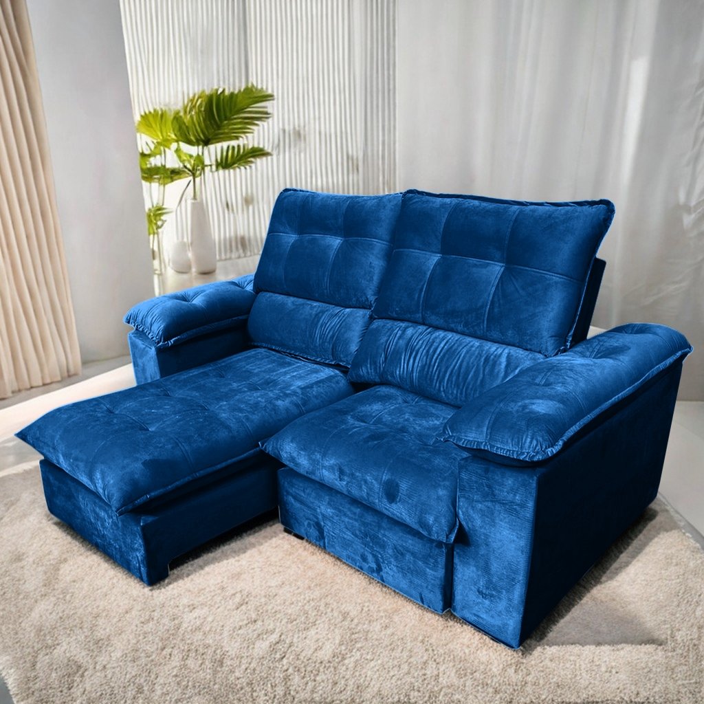 Sofá Retrátil e Reclinável Suíça 2,50 m Veludo Azul – LEO DECOR (PROMOÇÃO - LEVE AVARIA)