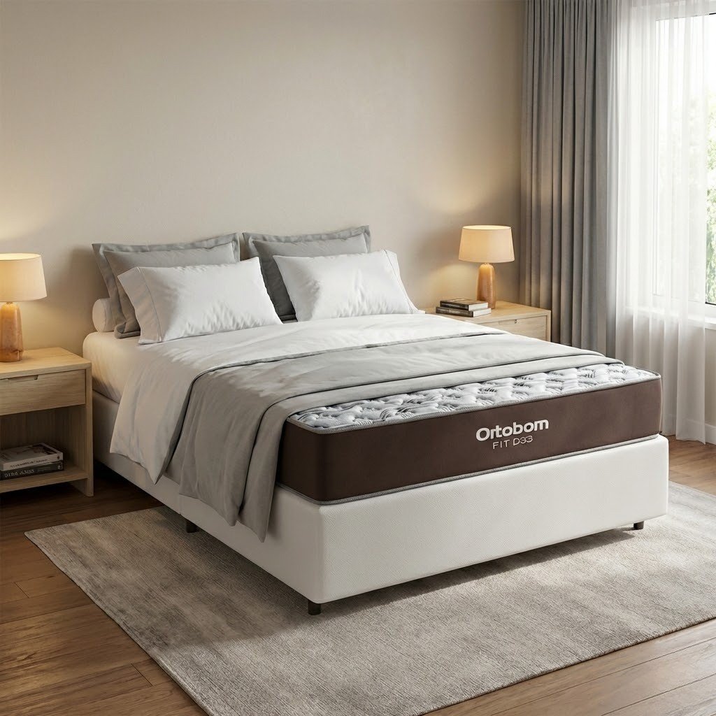Colchão Casal Fit 17 cm D33 + Base Simples Corino Branco – ORTOBOM + BIOSTAR