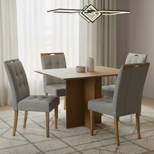 Mesa Pérola 90 Imbuia Mel (Tampo Viena s/vidro) com 4 Cadeiras Sophia Linho Cinza Grafite 206 – CARVALHO DECOR + WM DECO