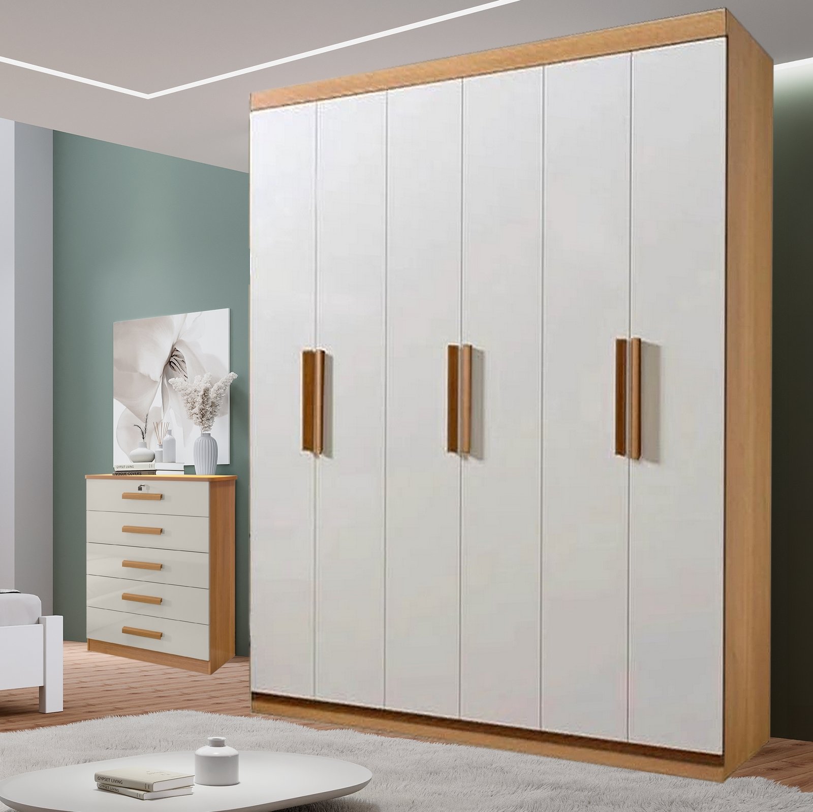 Guarda-Roupa 6 Portas Colibri + Cômoda Ipanema Cinamomo/Off White - D'DORO MÓVEIS