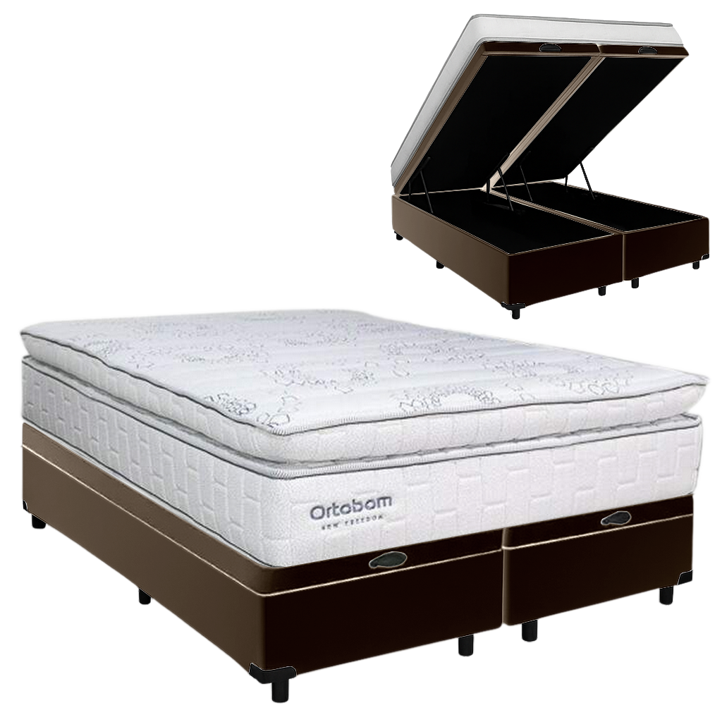 Colchão Queen New Freedom 32 cm D33 Molas Ensacadas + Base Baú Corino Marrom – ORTOBOM + ALTO NÍVEL - Imagem 2
