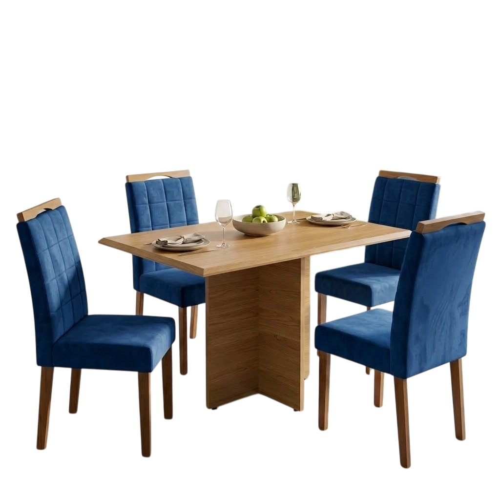 Mesa Pérola 120 Imbuia Mel (Tampo Viena s/vidro) com 4 Cadeiras Las Vegas Veludo Azul 24 – CARVALHO DECOR + OURO DECOR - Imagem 2