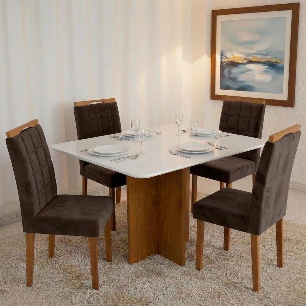 Mesa Salinas 120 (Tampo Londres c/vidro) Cinamomo/Off White com 4 Cadeiras Las Vegas Veludo Marrom 17 – CEL MÓVEIS + OUR