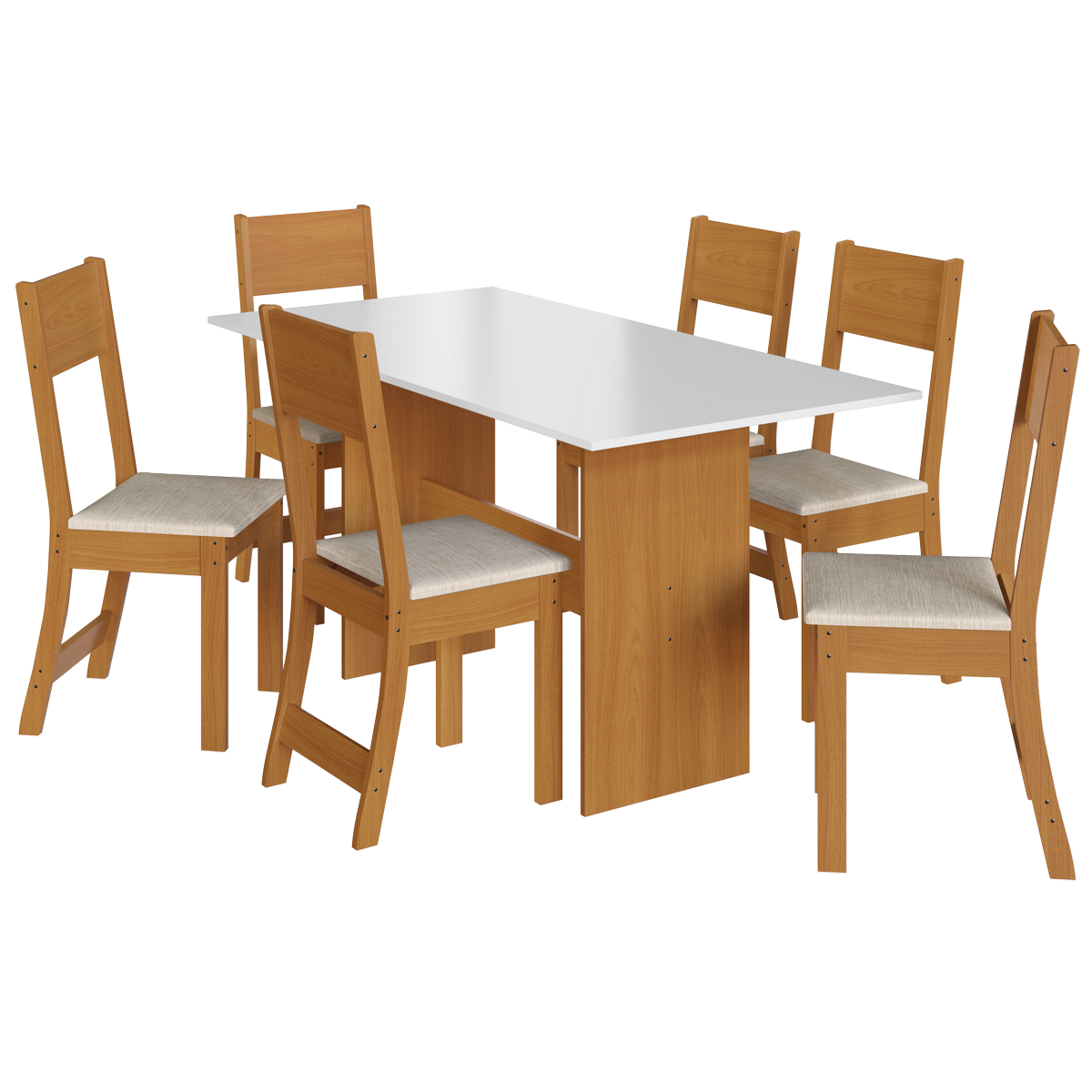 Mesa Karla 150 Freijó/Off White com 6 Cadeiras Linho Bege - INDÉKES - Imagem 2