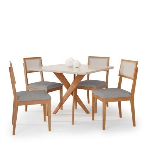 Alternative view of Mesa Cacau 95 (C/Vidro) Madeira/Off White com 4 Cadeiras Encanto Linho Cinza Grafite – CIMOL