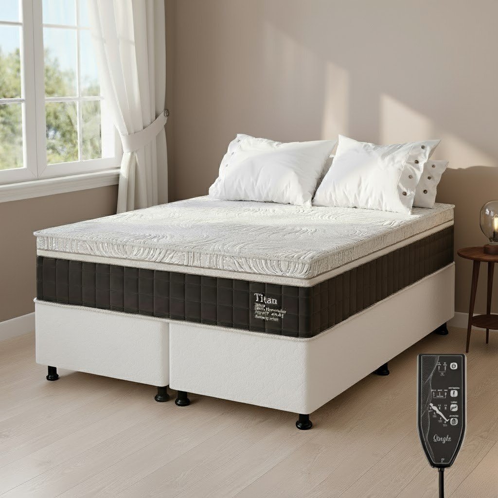 Colchão Queen Massageador Titan/Thor 34 cm D28 Molas Ensacadas + Base Box Simples Corino Branco – VIERO + BIOSTAR