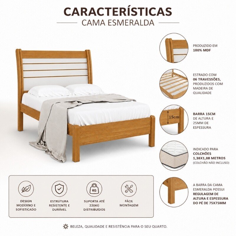 Cama Casal Esmeralda Plus Larg. 1.50m Cinamomo/Off - D Doro - Imagem 4