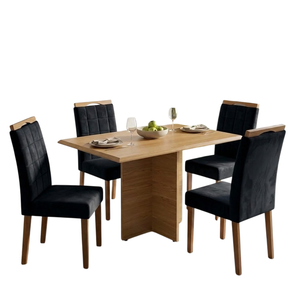 Mesa Pérola 120 Imbuia Mel (Tampo Viena s/vidro) com 4 Cadeiras Las Vegas Veludo Preto 13 – CARVALHO DECOR + OURO DECOR - Imagem 2
