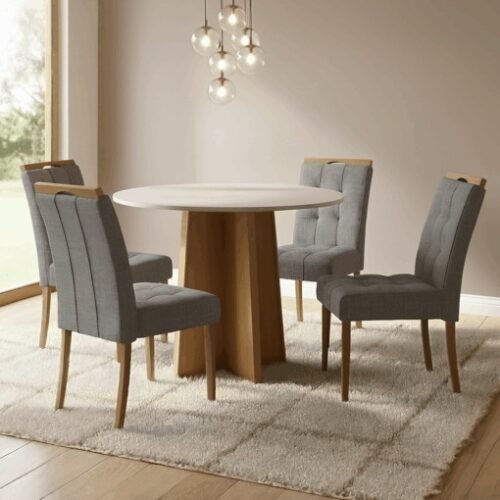 Mesa Redonda Celebrare 100 Amêndoa Clean/Off White com 4 Cadeiras Sophia Linho Cinza Grafite 206 – LOPAS + WM DECOR