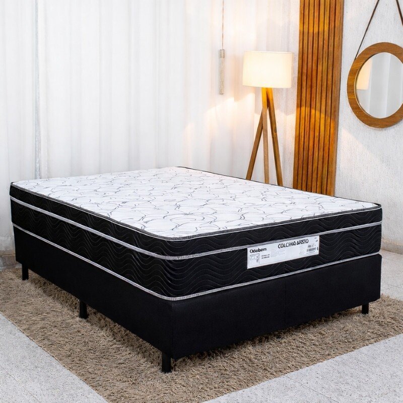 Colchão Casal Airtech 150 Ortopillow Ortopédico D45 Ortobom + Box Casal Sued Preto Ortobel - 138x188x65 | Suporta até 200kg