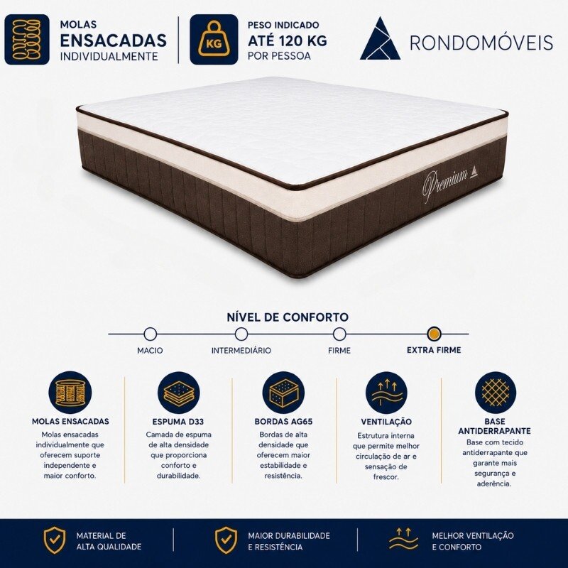Colchão Premium Plus Molas Ensacadas Pocket Rondomóveis + Box Casal Rondopremium 138x188x70 | Suporta até 240kg - Imagem 4
