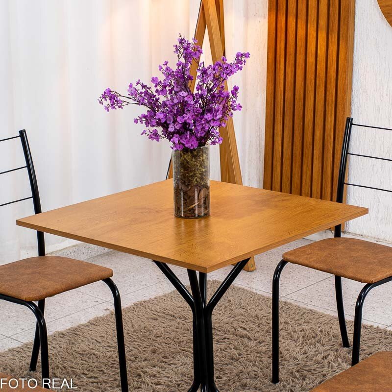 Conjunto Mesa Belize Quadrada 68x68 Naturale Base Órion Preto Fosco + 4 Cadeiras Belize Korino Marrom - Tubo Minas - Imagem 2