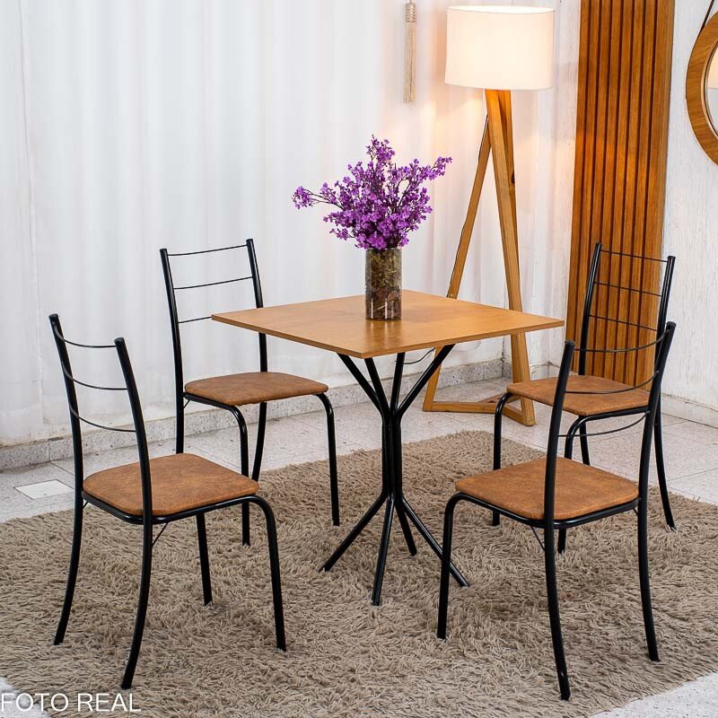 Conjunto Mesa Belize Quadrada 68x68 Naturale Base Órion Preto Fosco + 4 Cadeiras Belize Korino Marrom - Tubo Minas - Imagem 3