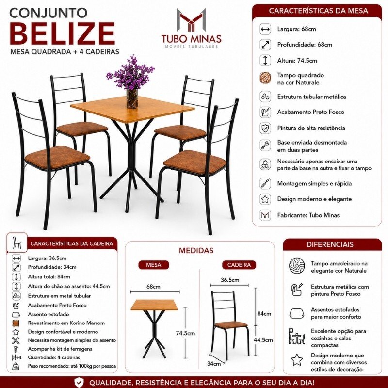 Conjunto Mesa Belize Quadrada 68x68 Naturale Base Órion Preto Fosco + 4 Cadeiras Belize Korino Marrom - Tubo Minas - Imagem 8