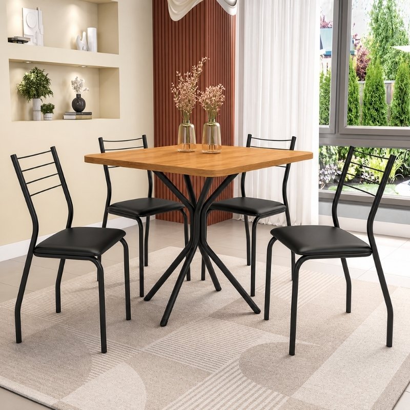 Conjunto Mesa Creta tampo Quadrado 90x90 Canela de Madeira + Base Creta Preto fosco + 4 Cad. Malta Preto Fosco Assento Courino Preto - Kappesberg - Imagem 2