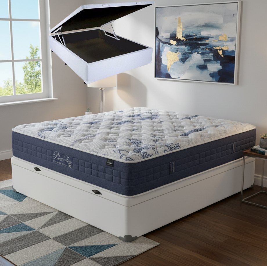 Colchão Casal Blue Sea 31 cm D28 Molas Ensacadas + Base Baú Corino Branco – ANJOS + ALTO NÍVEL