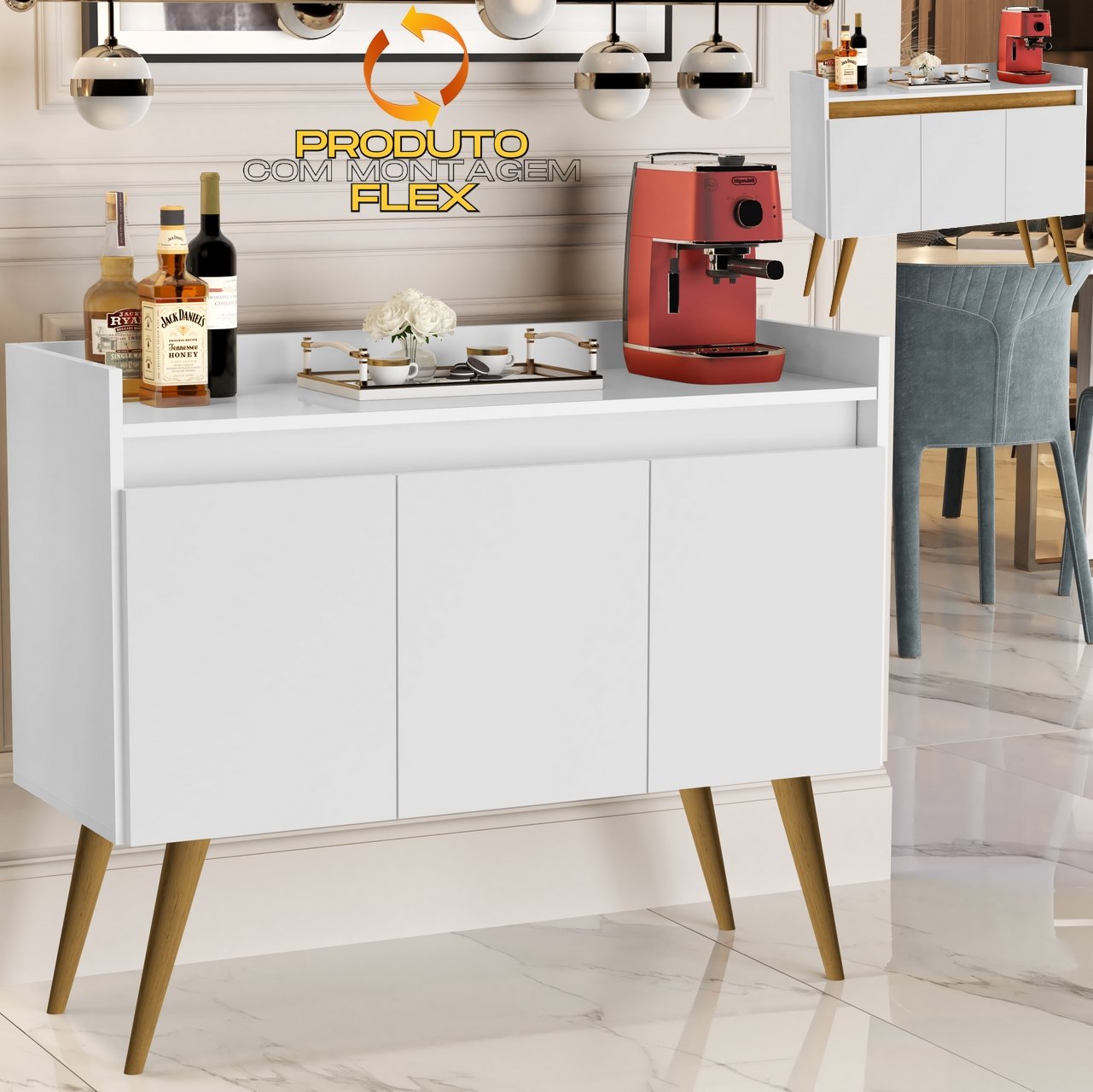 Buffet 3 Portas Gold Branco/Mel/Branco - MOVEIS PRIMUS