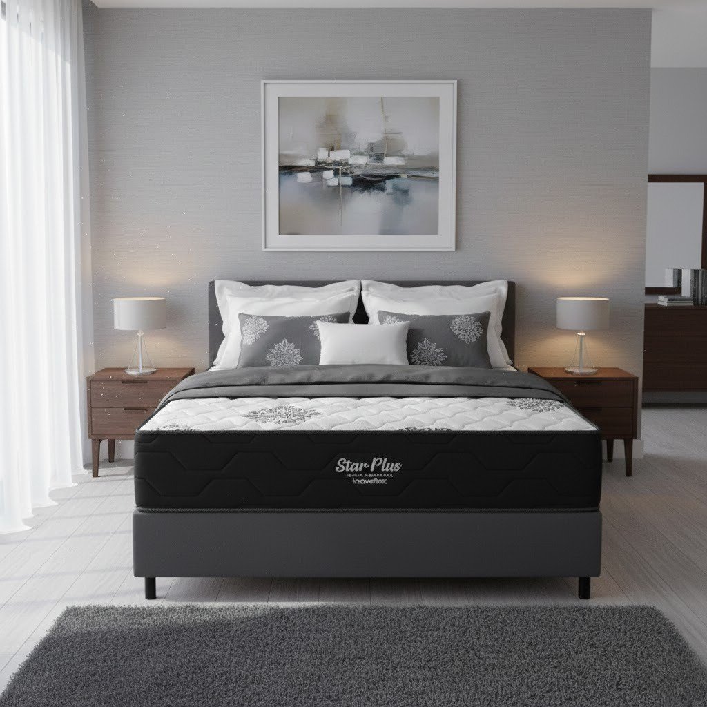Colchão Casal Star Plus 25 cm D26 Molas Ensacadas + Base Simples Corino Preto – INOVAFLEX + BIOSTAR