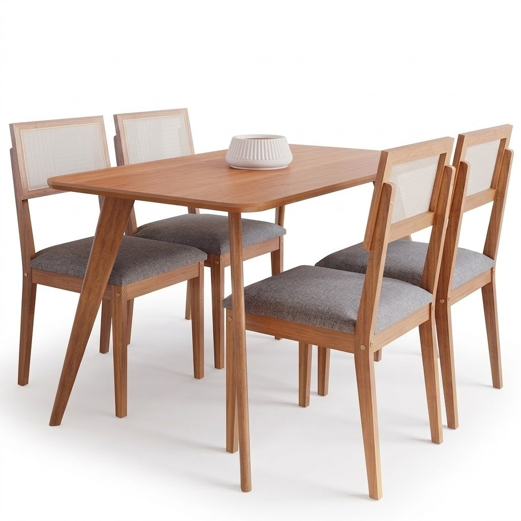 Mesa Acerola 130 (S/Vidro) Madeira/Off White com 4 Cadeiras Encanto Linho Cinza Grafite – CIMOL - Imagem 2