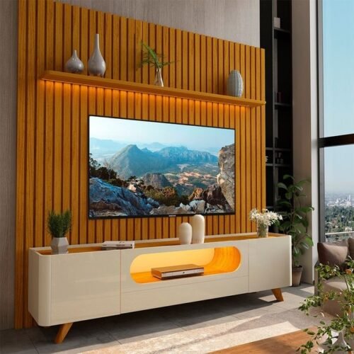 Painel até 85" Nobre 230 Naturale + Rack Nobre 210 (Pés de Madeira) Off White/Naturale – GELIUS