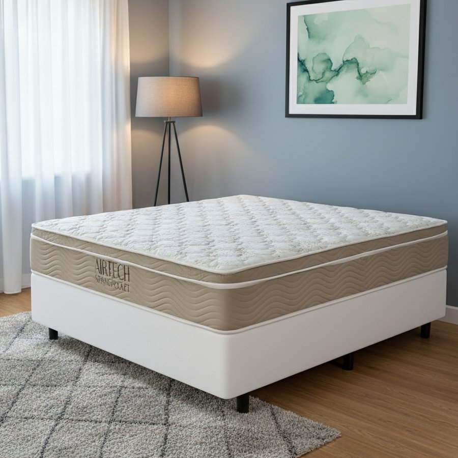 Colchão Casal Airtech Springpocket 25 cm D26 Molas Ensacadas + Base Simples Corino Branco – ORTOBOM + BIOSTAR