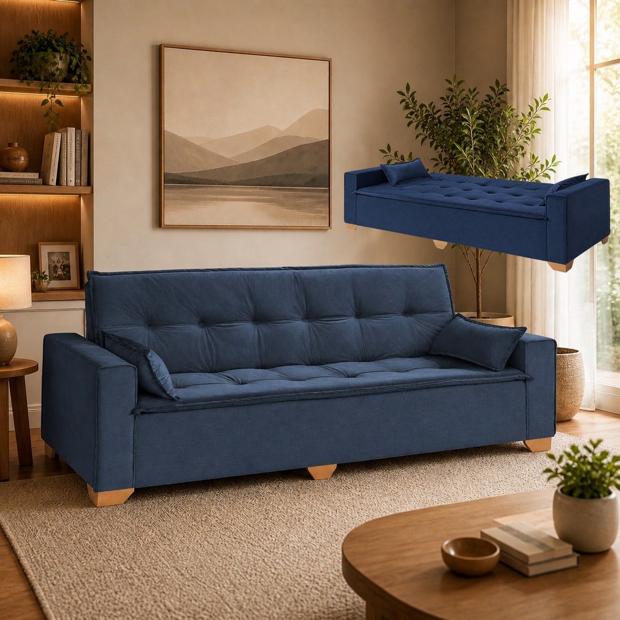 Sofá Cama Canadá 2,18 m Veludo Azul 185 - TOP ESTOFADOS