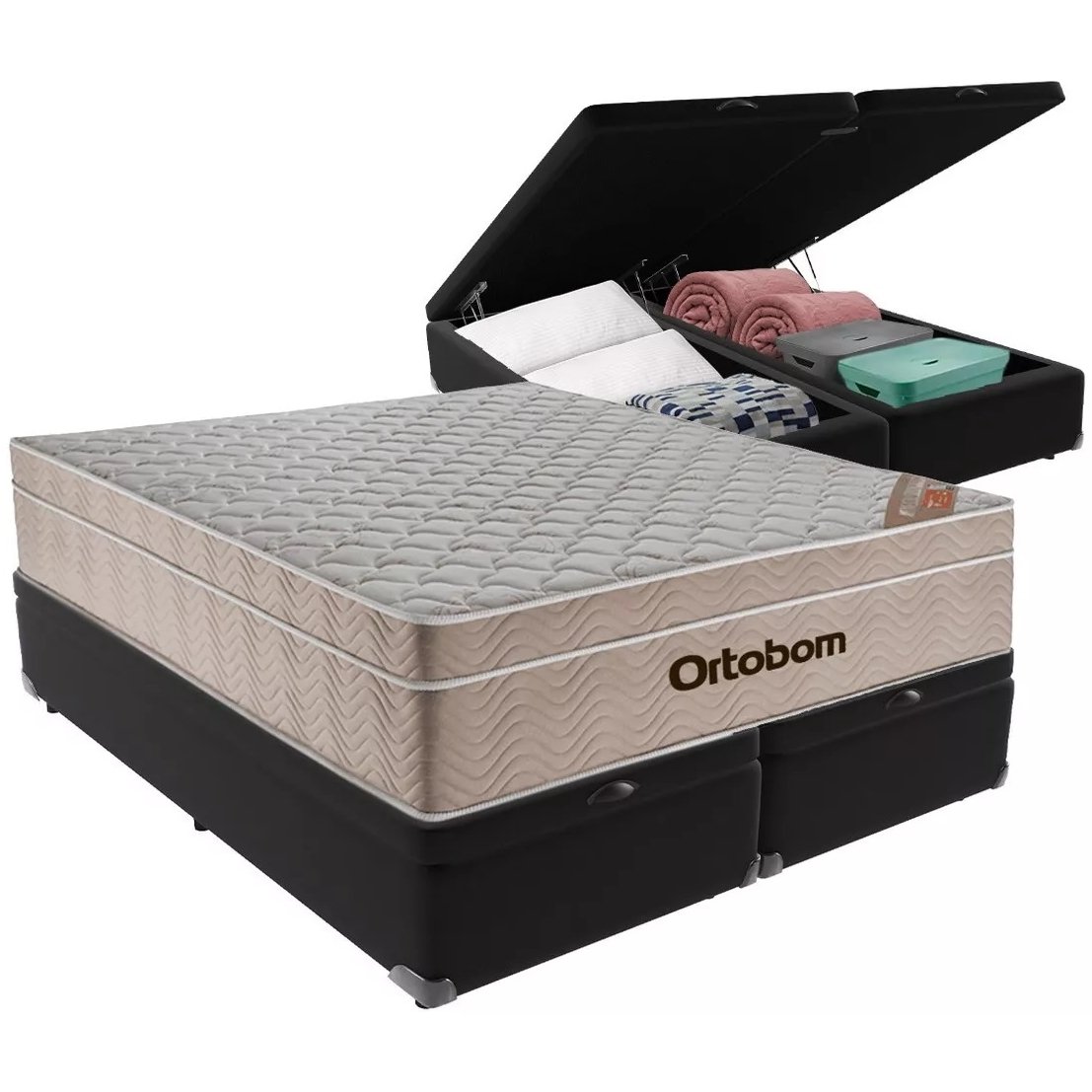 Colchão Queen Airtech Springpocket 25 cm D26 Molas Ensacadas + Base Baú Corino Preto – ORTOBOM + BIOSTAR - Imagem 2