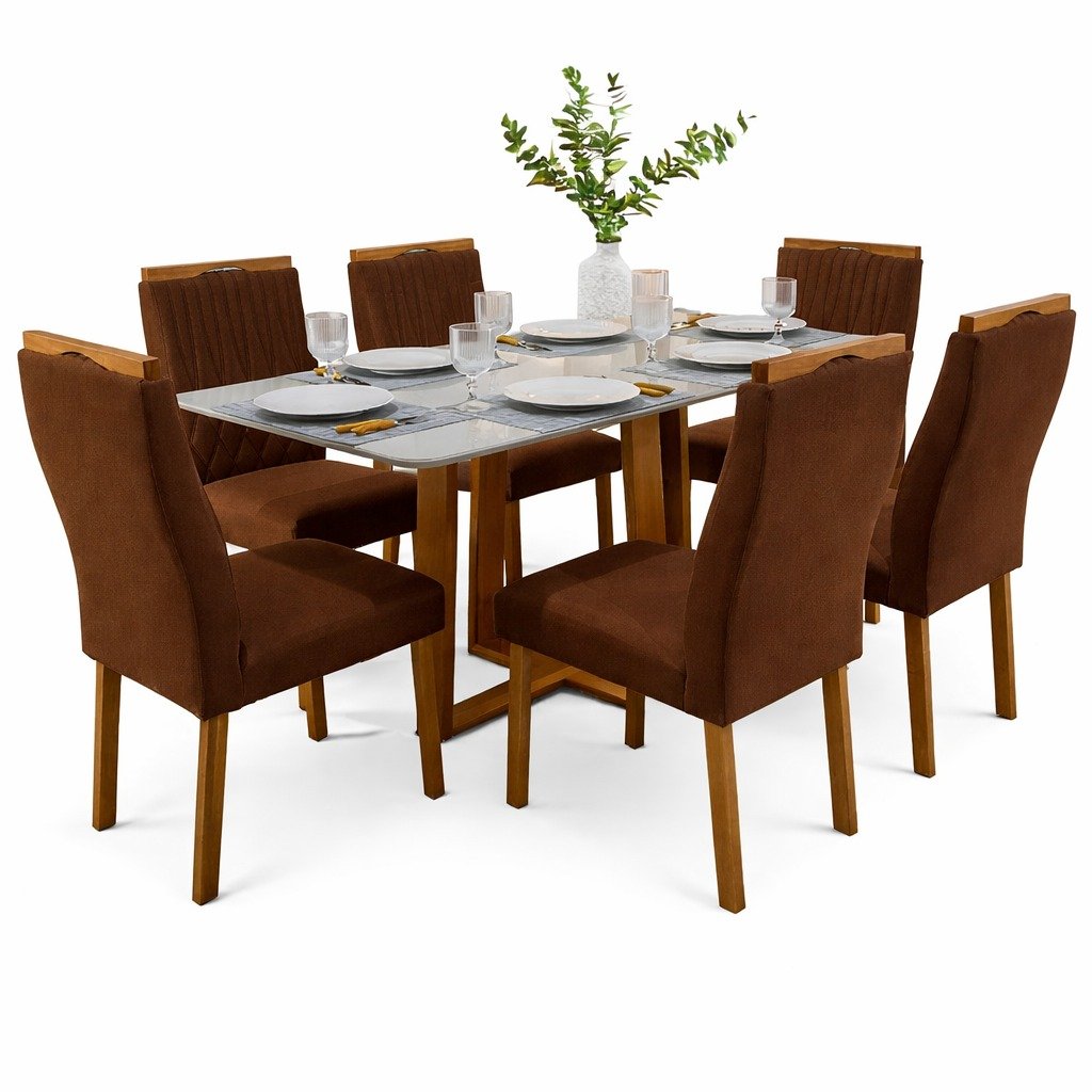 Mesa Pedro 160 Mel/Off White com 6 Cadeiras Gênova Veludo Marrom – ART ASSENTOS - Imagem 2