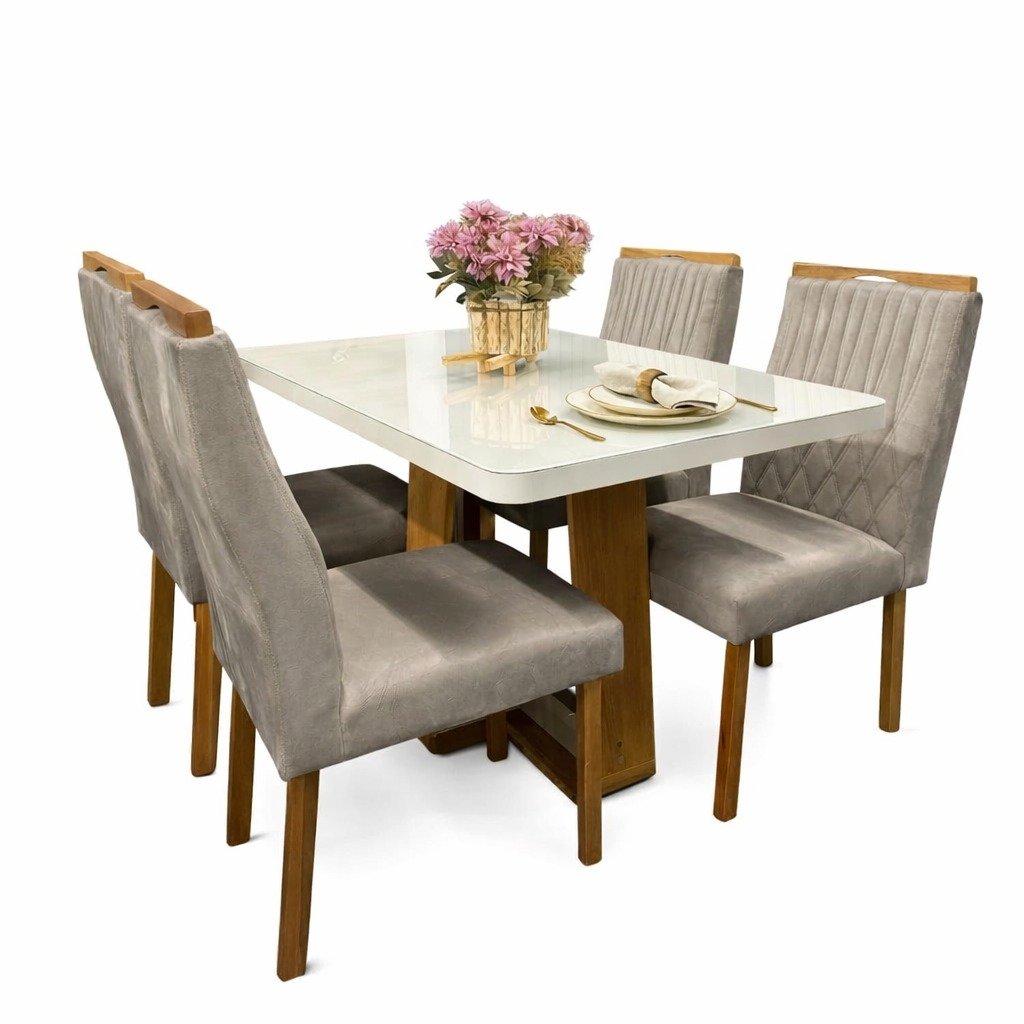 Mesa Sintonia (Tampo Maxi) 120 Amêndoa Clean/Off White com 4 Cadeiras Gênova Veludo Bege Capuccino – LOPAS + ART ASSENTOS - Imagem 4