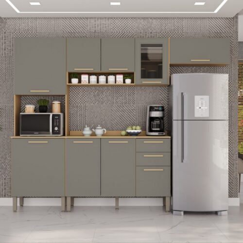 Cozinha Completa New Valência (Vidro fumê) Jequitibá/Granizo - SALLÊTO