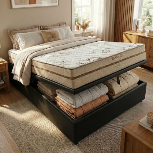 Colchão Casal Toronto 30 cm D28 Molas Ensacadas + Base Baú Corino Preto – ECOTEC + ALTO NÍVEL