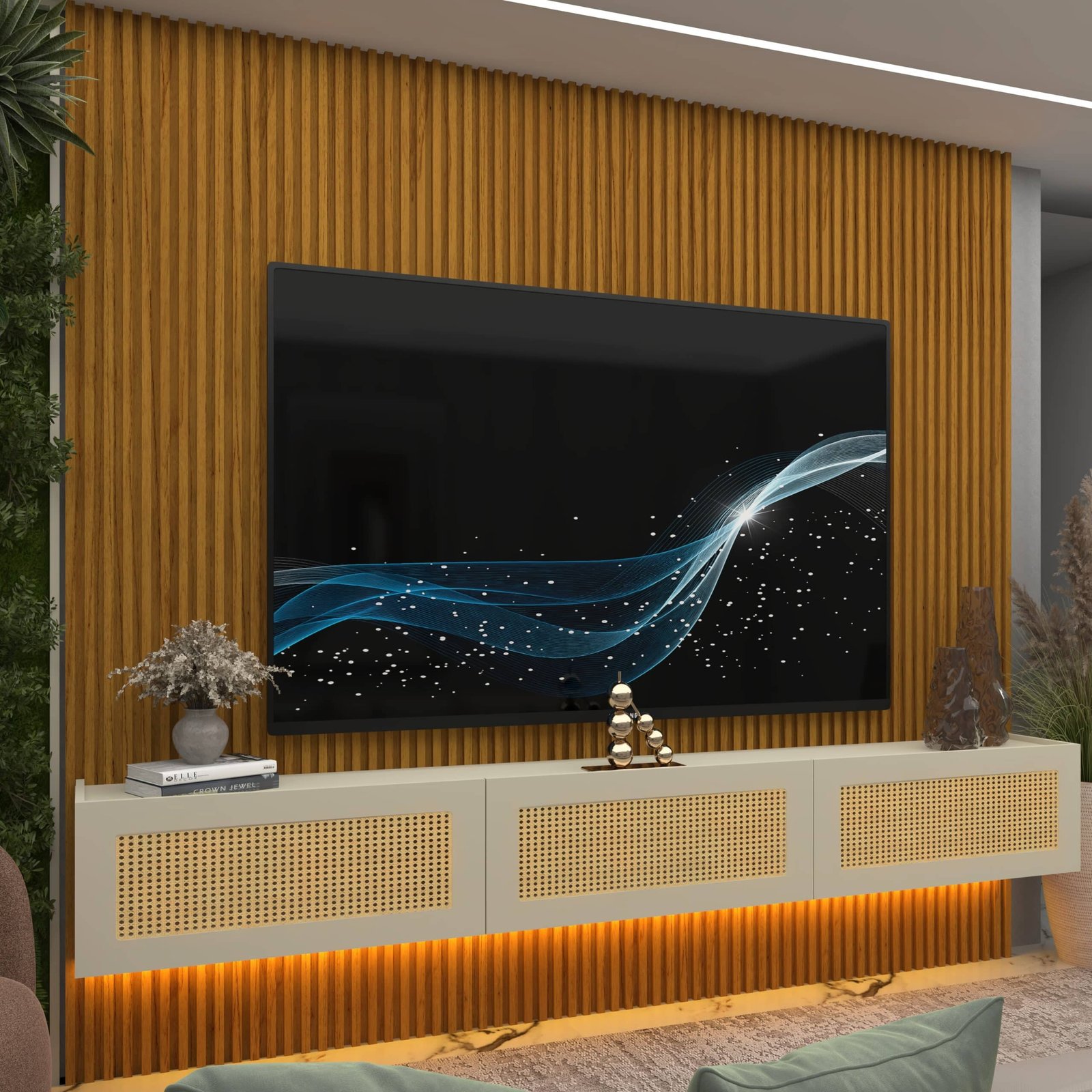 Home Suspenso até 85" Supremo Ripado 218 Naturale com Nicho Native Off White - GELIUS - Imagem 4