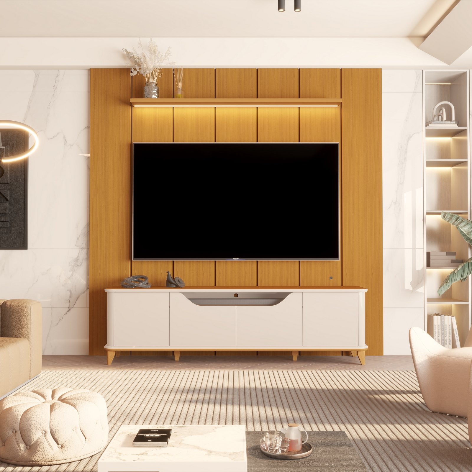 Painel até 75″ Lumi 2.19 Cedro + Rack Aron Off White/Cedro – EDN MÓVEIS - Imagem 3