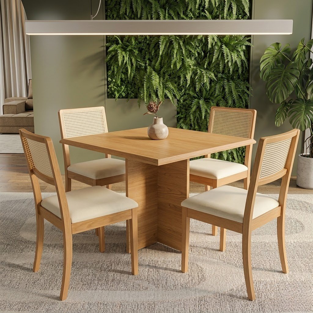 Mesa Pérola 90 Imbuia Mel (Tampo Viena s/vidro) com 4 Cadeiras Lola Linho Areia A085A – CARVALHO DECOR + KAPPESBERG