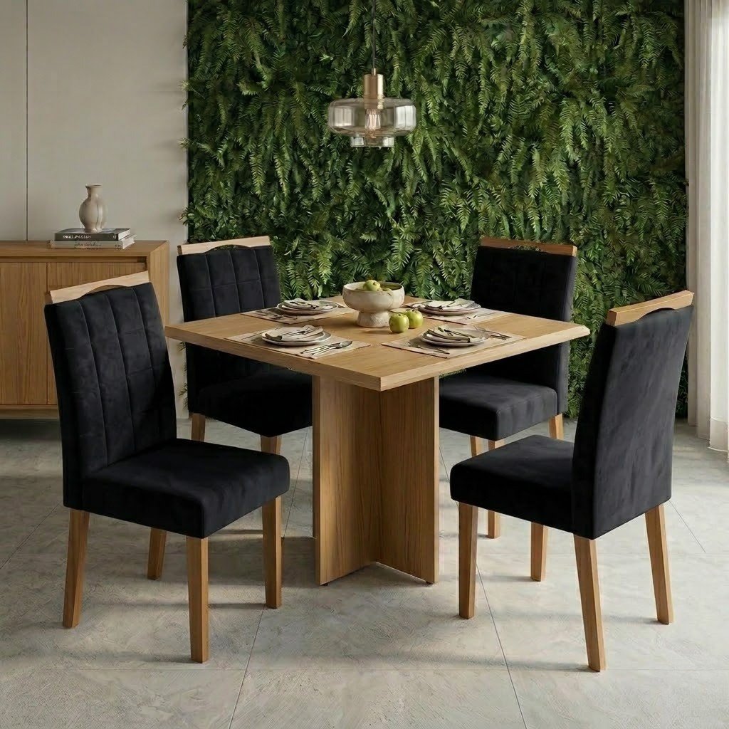 Mesa Pérola 90 Imbuia Mel (Tampo Viena s/vidro) com 4 Cadeiras Las Vegas Veludo Preto 13 – CARVALHO DECOR + OURO DECOR