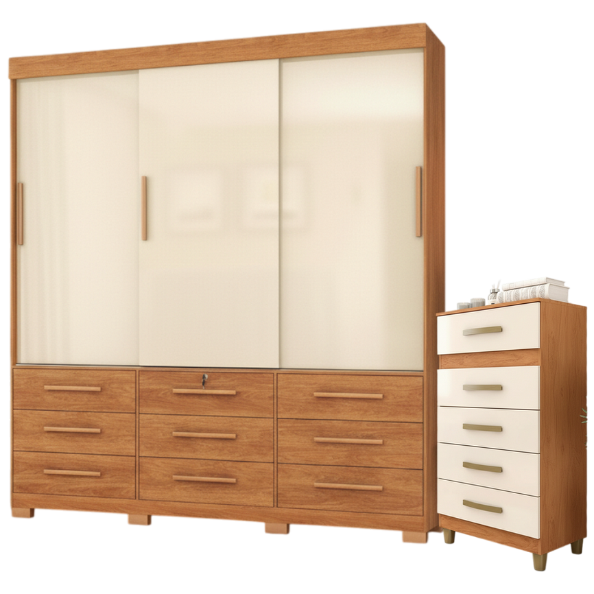 Guarda-Roupa 3 Portas Toronto RP1930 + Cômoda 5 Gavetas Malta CO250 Cinamomo/Off White/Cinamomo – FELLICCI - Imagem 9