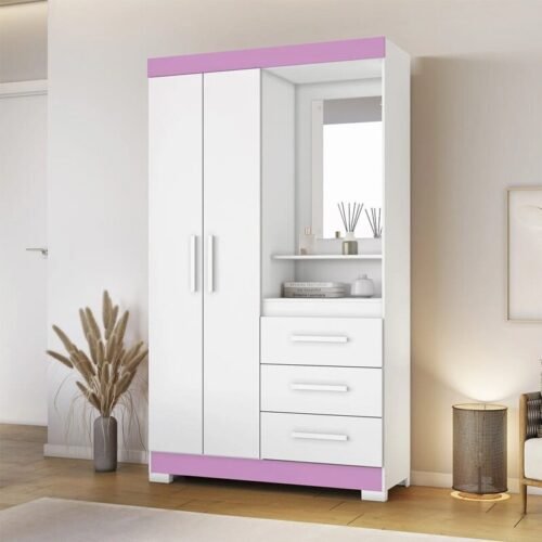 Roupeiro Solteiro NT 6020 Branco/Rosa 2 portas 3 Gavetas Flex C/Pés Larg. 1.08m - Notável