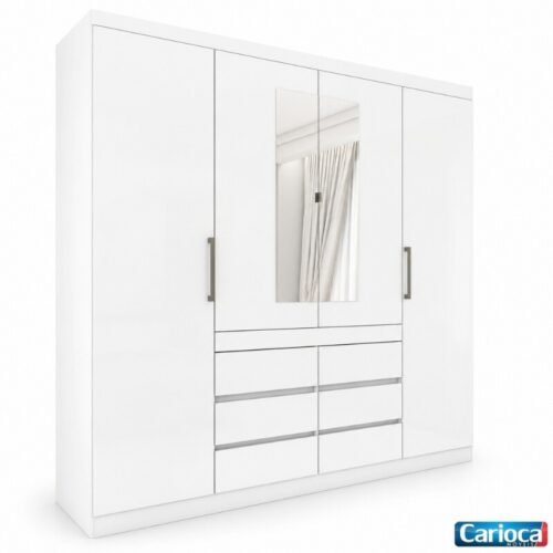 Guarda-Roupa Império Larg. 2.00m Branco C/Espelho 4 Portas 6 Gavetas - Carioca